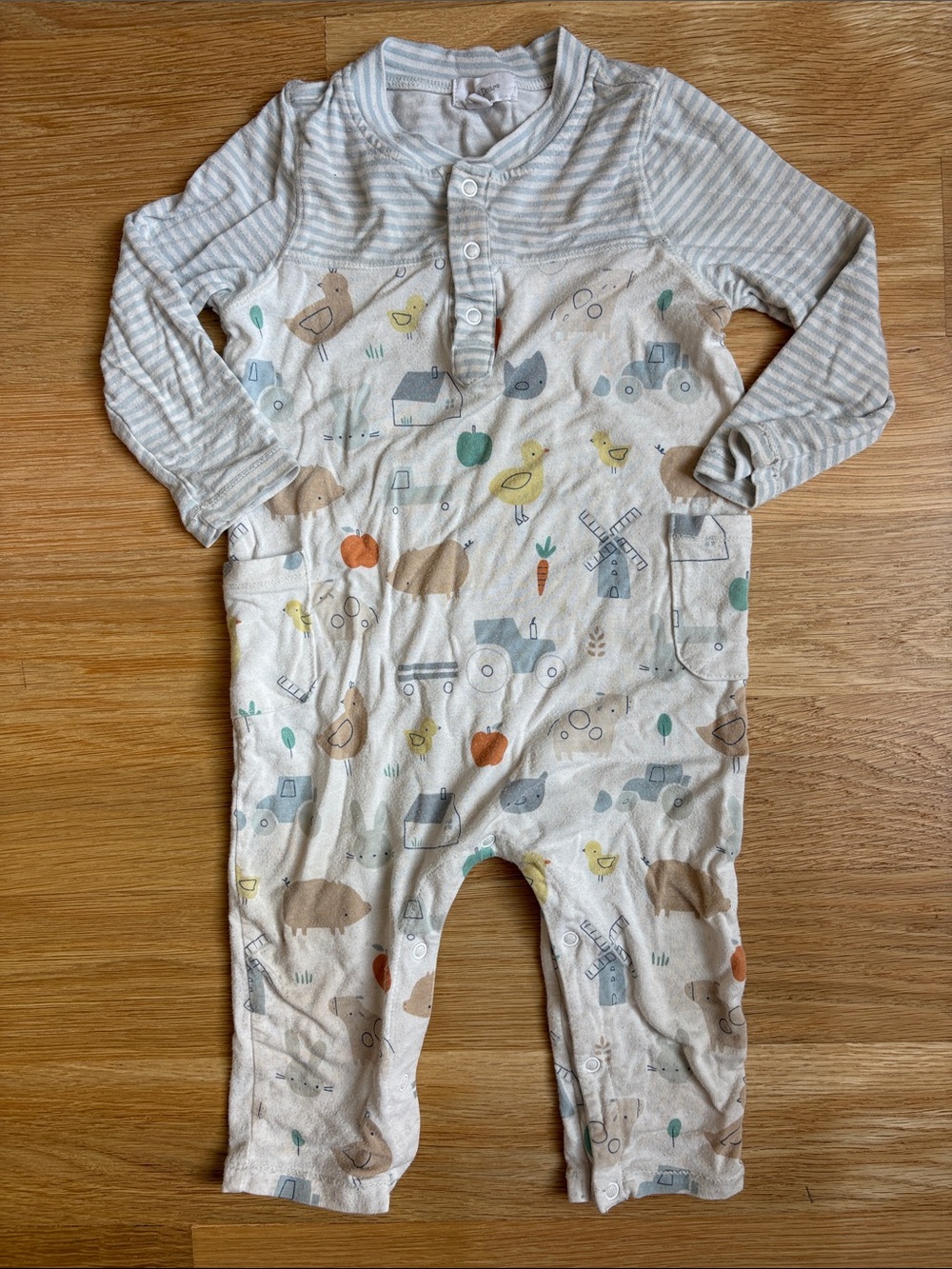 ANGEL DEAR | Baby Farm Print One-Piece Romper - Beige Stripe